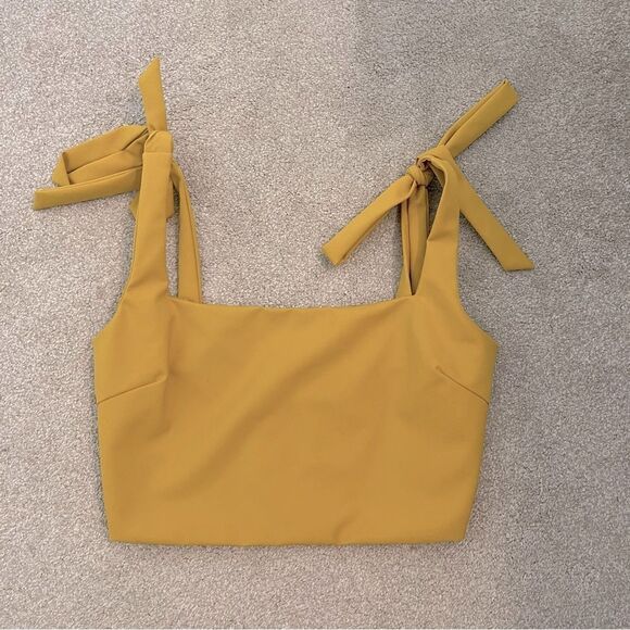 Tiger Mist Mustard Yellow Tie Shoulder Kinsley Crop Tank Small - Picture 2 of 5